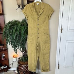 Loft Tailored Olive Green Button Up Jumpsuit V-Neck Short Sleeve 100% Cotton